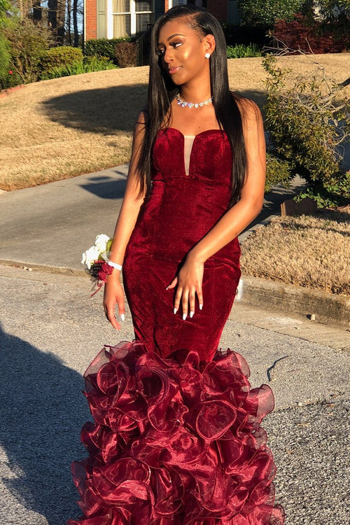burgundy-velvet-strapless-prom-dress-with-organza-ruffled-skirt