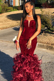 burgundy-velvet-strapless-prom-dress-with-organza-ruffled-skirt