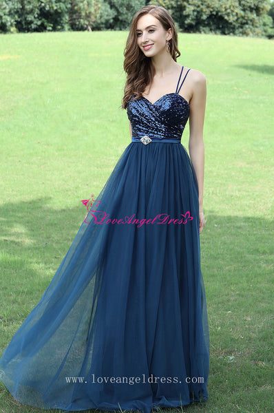 A-line Sequins Tulle Blue Prom Dresses with Spaghetti Straps