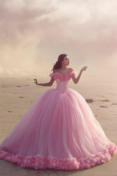 castle-style-ruffled-flowers-tulle-pink-ball-gown-wedding-dresses