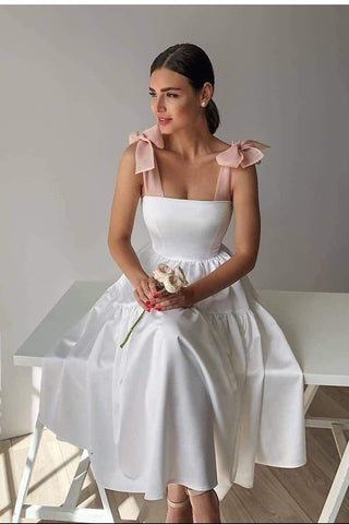 Casual Short White Wedding Dress with Pink Bow Straps – loveangeldress Casual Short White Wedding Dress with Pink Bow Straps – loveangeldress