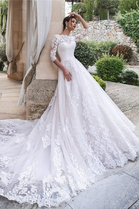 Plunging V Neck Lace Bridal Dresses 2019