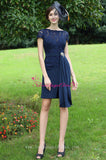 Sheer Lace Bateau Neck Chiffon Navy Blue Short Bride Mother Dress with Sleeves