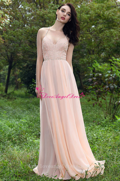 A-line Sweetheart Beaded Crystals Pink Chiffon Prom Gown