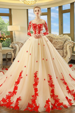 Champagne Long-sleeves Red Appliques Wedding Dresses with Royal Train – loveangeldress