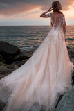 champagne tulle wedding dress with illusion lace long sleeves Champagne Illusion 3/4 Sleeve Lace Wedding Dress Champagne