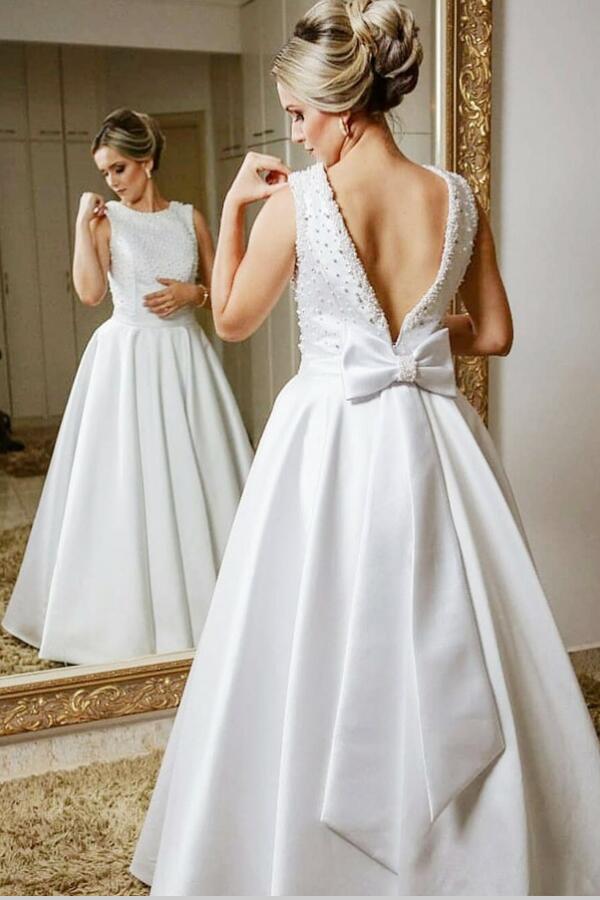 Chic Beaded Pearls Satin Bride Dresses Wedding Bow Ribbon Sash –  loveangeldress