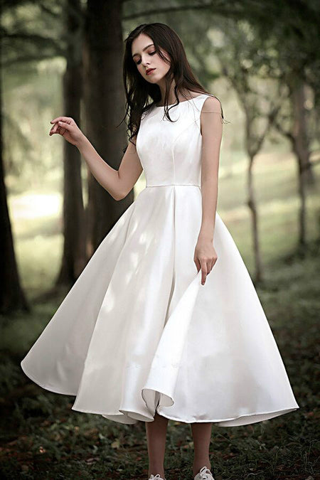 A-line Satin Short Wedding Dress with Beaded Cap Sleeves