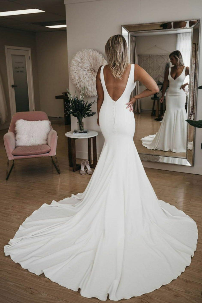 wedding dresses lace mermaid low back Scalloped Low Back Ivory Lace Romantic Wedding Gown