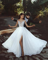 Chiffon Beach Wedding Dress with Floral Lace Bodice