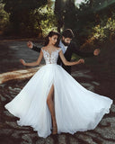 Chiffon Beach Wedding Dress with Floral Lace Bodice