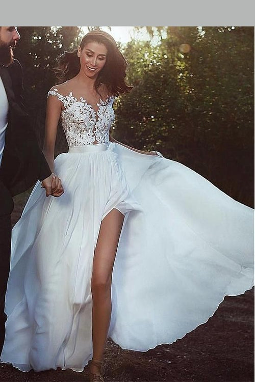 chiffon-beach-wedding-dress-with-floral-lace-bodice