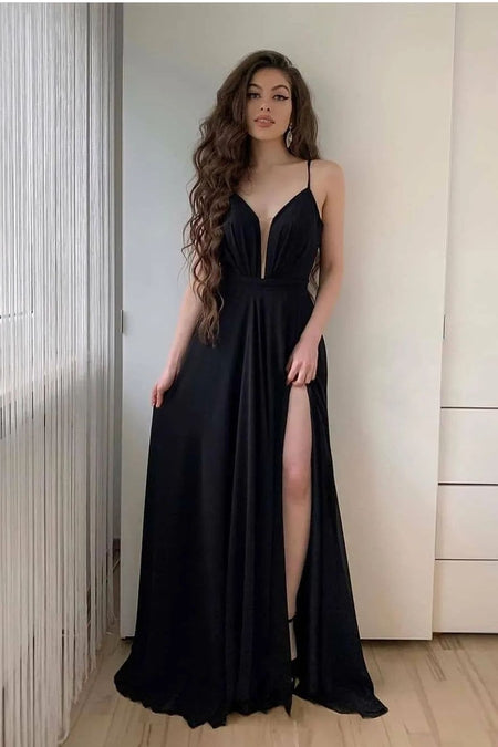 A-line Black Satin Prom Dresses with Split