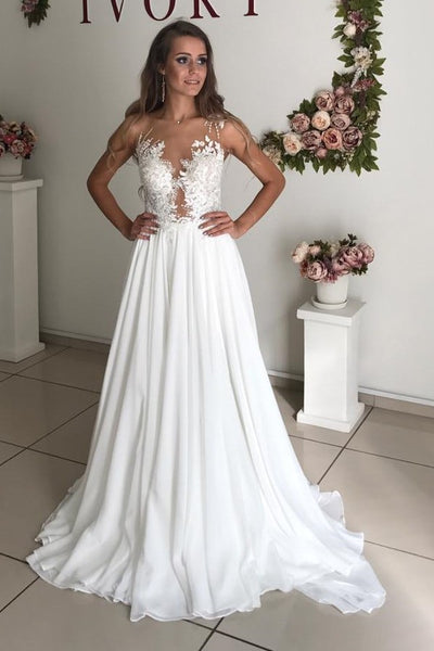 chiffon-boho-bridal-gown-with-sheer-lace-neckline
