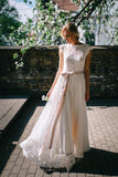 chiffon-boho-wedding-dress-with-lace-top-and-hemline