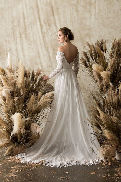 chiffon-lace-sleeves-boho-bride-dress-with-tassel-hem-1