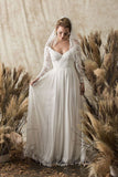 chiffon-lace-sleeves-boho-bride-dress-with-tassel-hem
