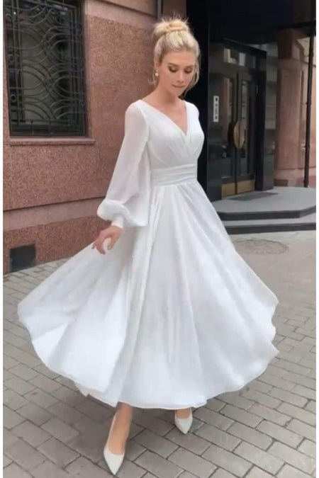 Lace Short Sleeves Tea-Length Bridal Dress for Beach Weddings