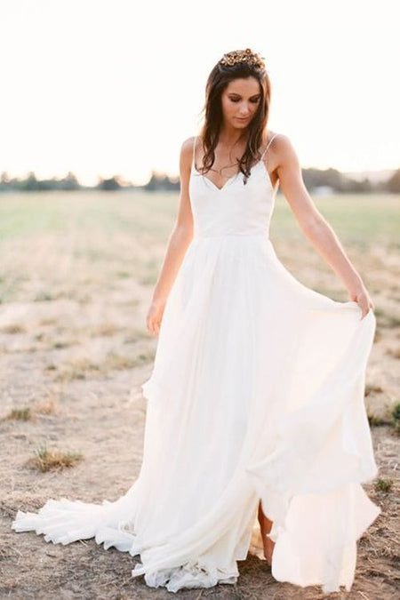 V-neckline Simple Boho Beach Wedding Dress Organza