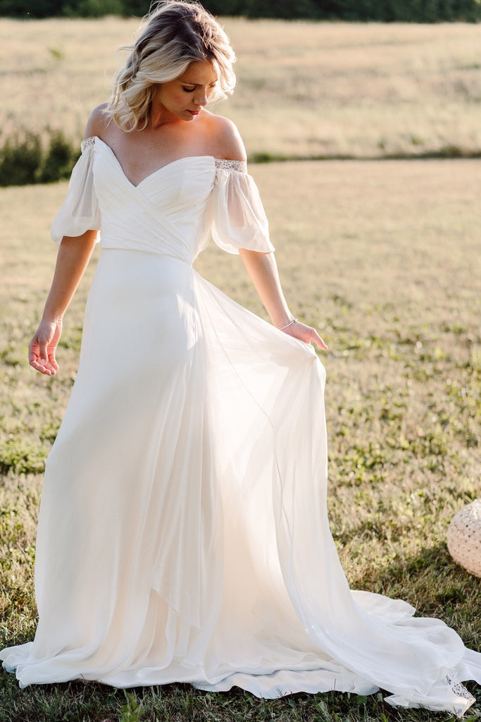 Chiffon Summer Boho Wedding Dress with Off-the-shoulder Sleeves loveangeldress Chiffon Summer Boho Wedding Dress with Off-the-shoulder Sleeves loveangeldress