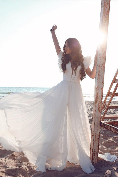 chiffon-summer-bridal-dresses-with-pleat-flare-sleeves