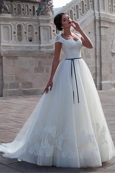 classic-lace-cap-sleeves-wedding-dress-with-black-belt