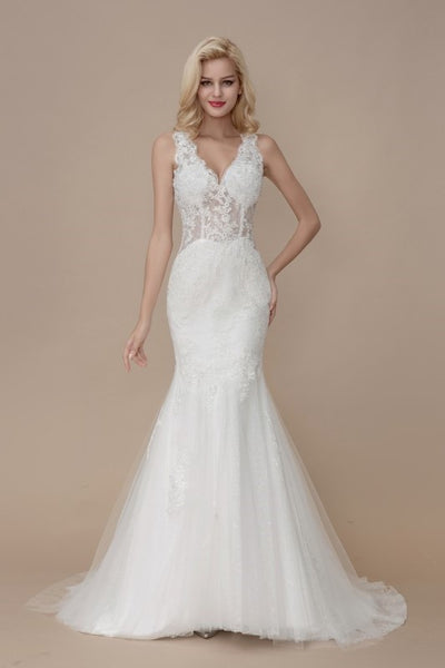 classic-v-neckline-mermaid-wedding-dresses-lace-bodice