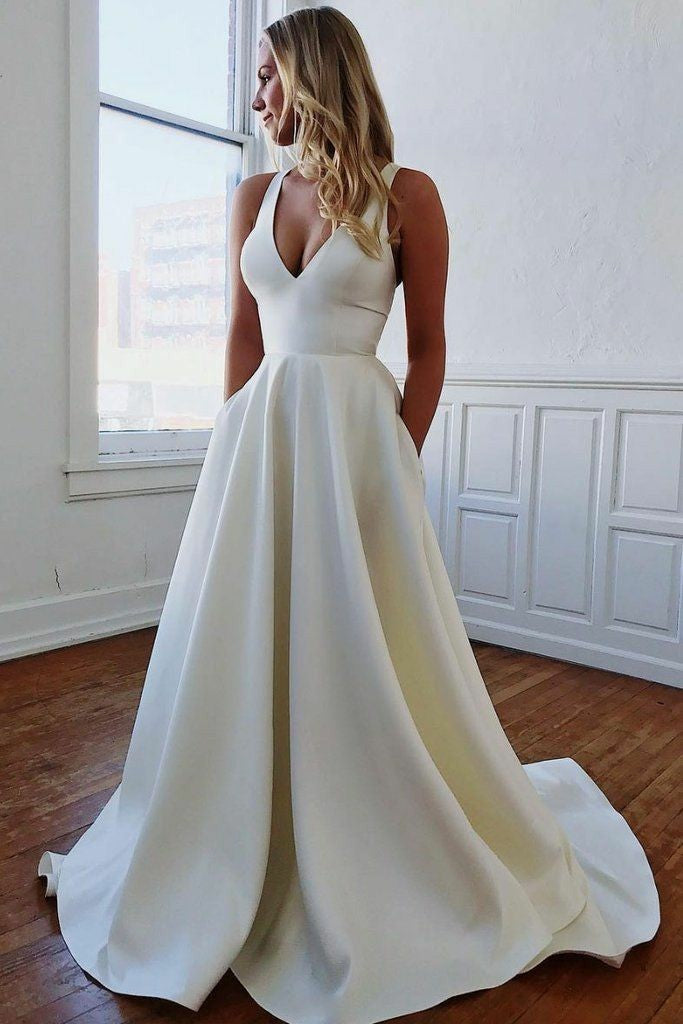Classic V-neckline Simple Satin Bridal Dress with Pockets