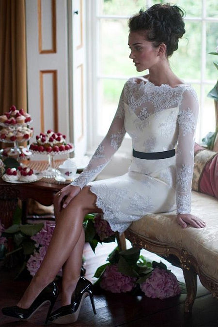 3/4 Sleeves Spandex Wedding Dresses with Beaded Crystals Belt