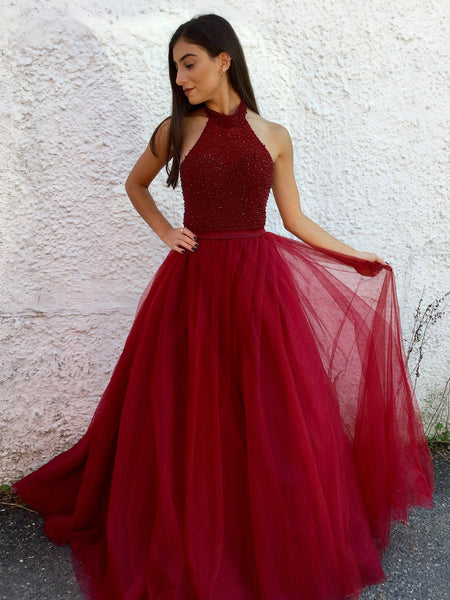clustered-rhinestones-halter-prom-dress-burgundy-tulle-skirt-2
