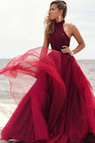 clustered-rhinestones-halter-prom-dress-burgundy-tulle-skirt