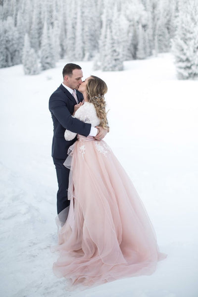 Contrast Color Snow Wedding Dresses Lace Long Sleeves