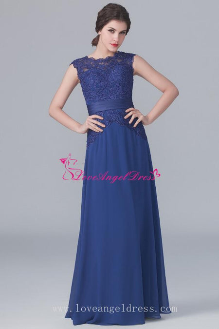 Floor Length Chiffon Gray Mother's  Formal Dress with Lace Sleeves