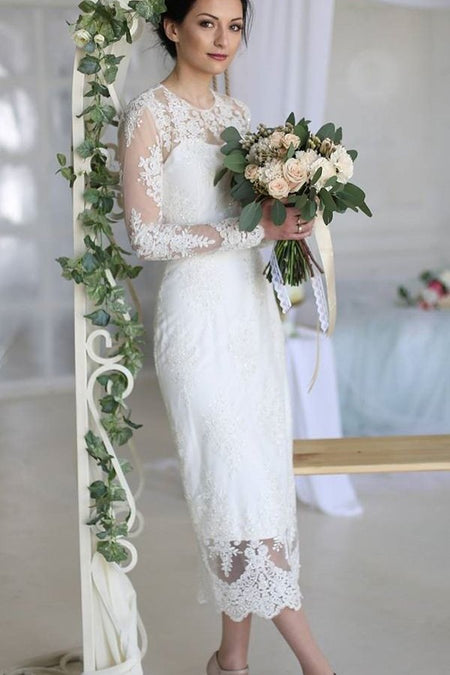 A-line Lace Chiffon Tea-Length Wedding Dresses with Sleeves