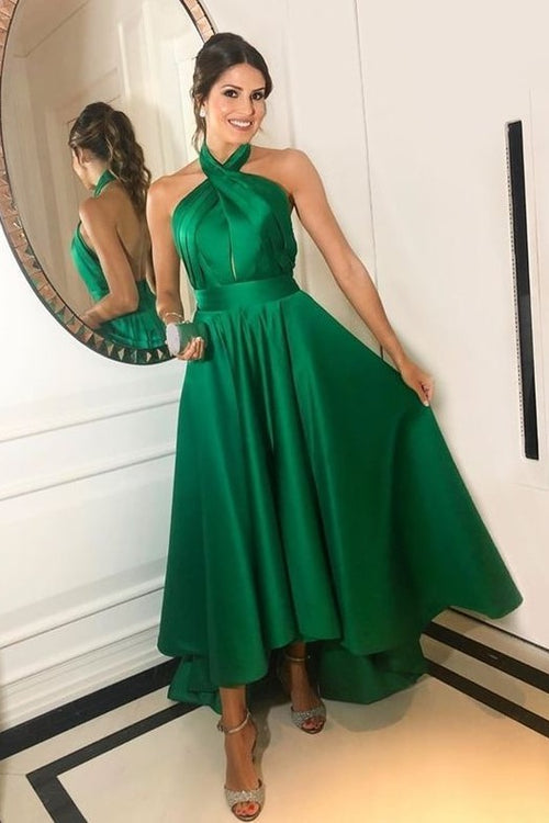 crossed-halter-green-prom-dress-short-satin-skirt