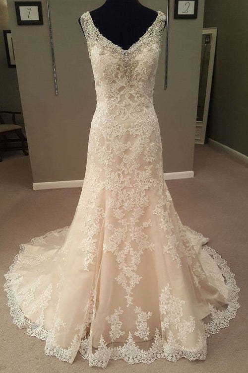 crystals-v-neckline-sheath-wedding-dress-lace-chapel-train