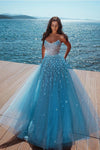 curved-strapless-blue-prom-dresses-sequins-formal-gown