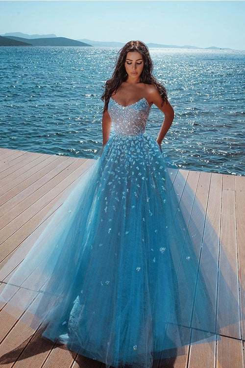 curved-strapless-blue-prom-dresses-sequins-formal-gown
