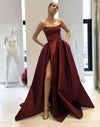 curved-strapless-burgundy-prom-gowns-slit-side-1