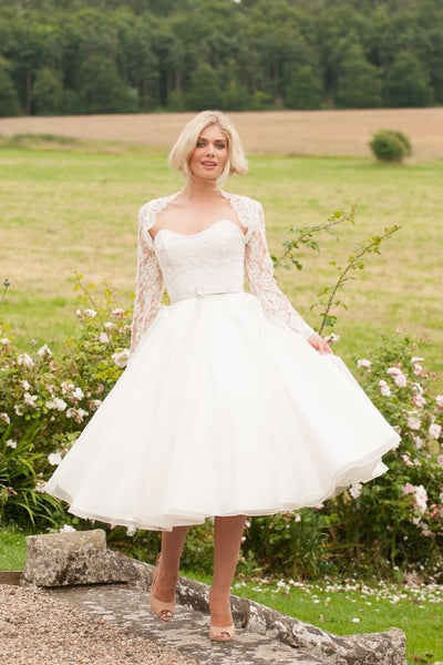 curved-strapless-short-wedding-gown-with-lace-jacket