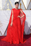 Sofia Carson Red Chiffon Prom Celebrity Dress with Jewelry Neck