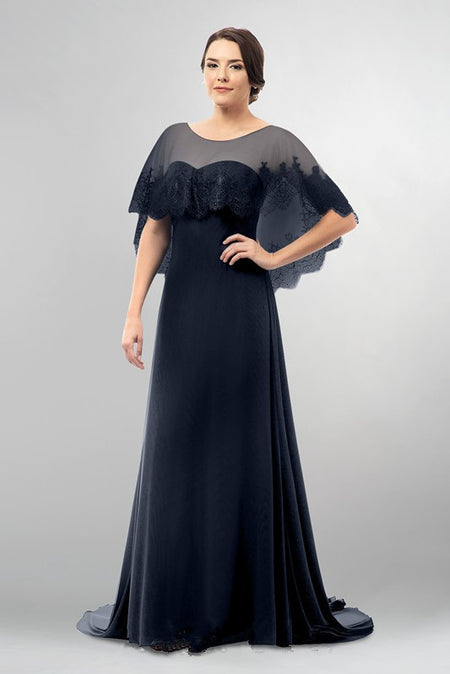 Floor Length Chiffon Gray Mother's  Formal Dress with Lace Sleeves