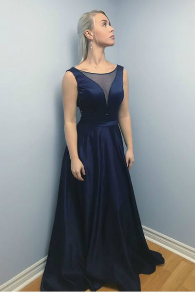 dark-navy-satin-evening-dresses-with-sheer-beaded-neckline