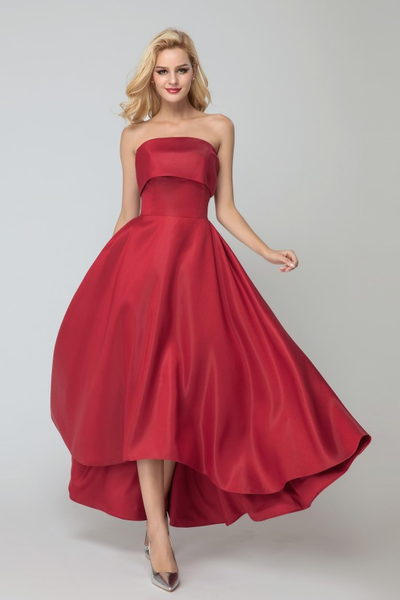 dark-red-satin-brides-maid-dresses-with-asymmetrical-hem