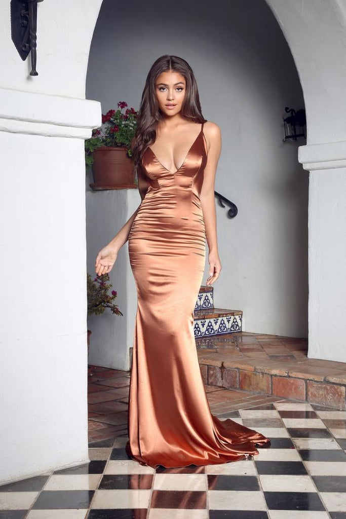 Long Sleeve Deep V-Neck Satin with Velour Evening Gown – TulleLux Bridal  Crowns & Accessories