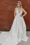 Deep V-neckline A-line Simple Wedding Dress with Long Train