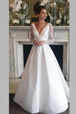 deep-v-neckline-satin-wedding-gown-with-sheer-lace-sleeves