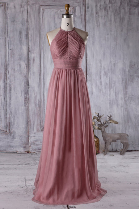 Modern A-line Blush Pink Bridesmaid Dress with Chiffon Floor-Length Skirt