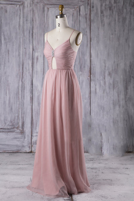 Modern A-line Blush Pink Bridesmaid Dress with Chiffon Floor-Length Skirt