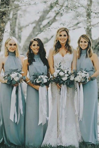 dusty-blue-chiffon-bridesmaid-dresses-with-halter-neckline